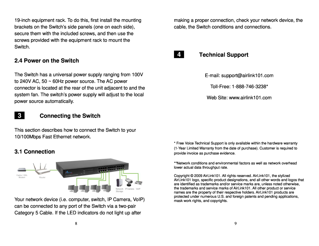 Airlink101 ASW324 user manual Power on the Switch, Connecting the Switch, Connection, Technical Support 
