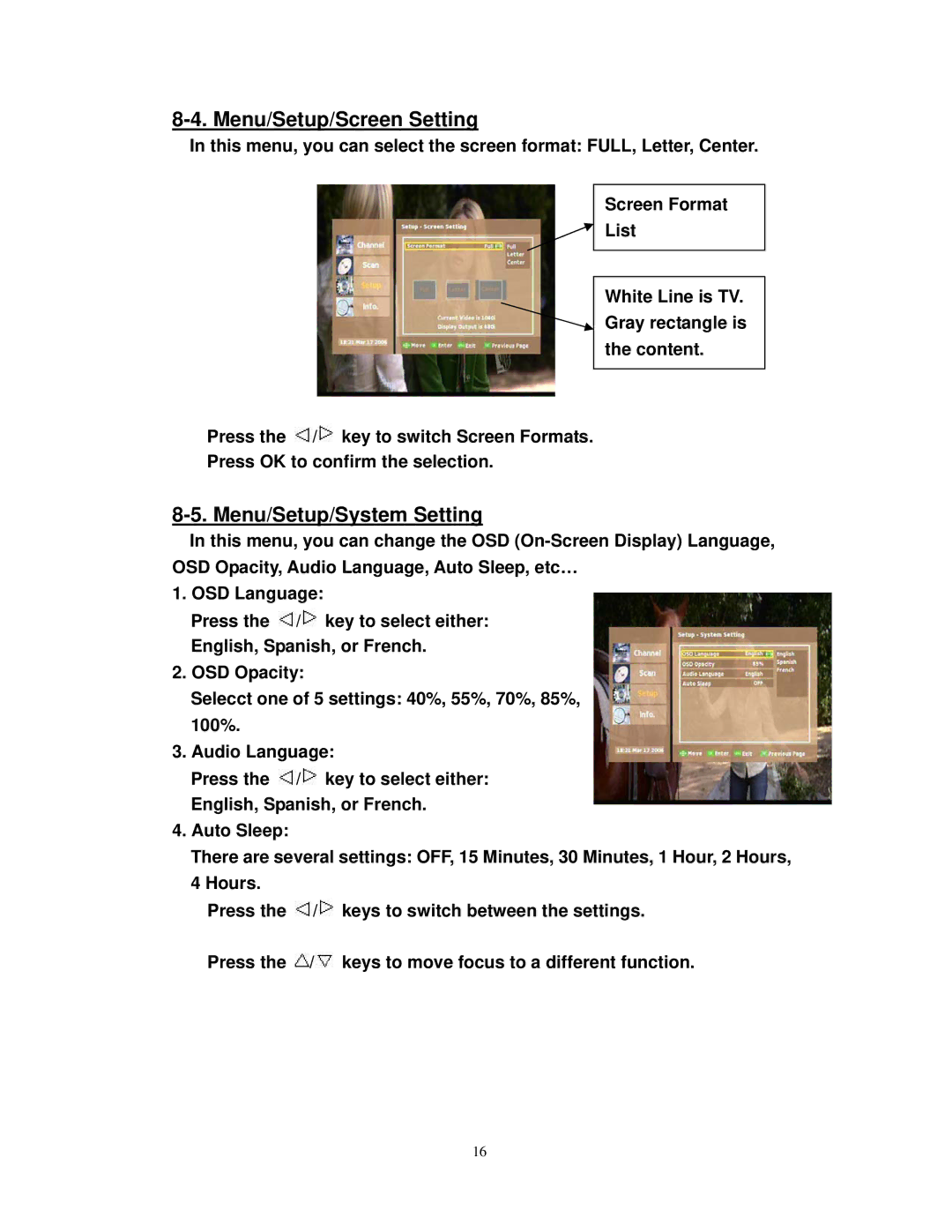 Airlink101 ATVC101 user manual Menu/Setup/Screen Setting, Menu/Setup/System Setting 