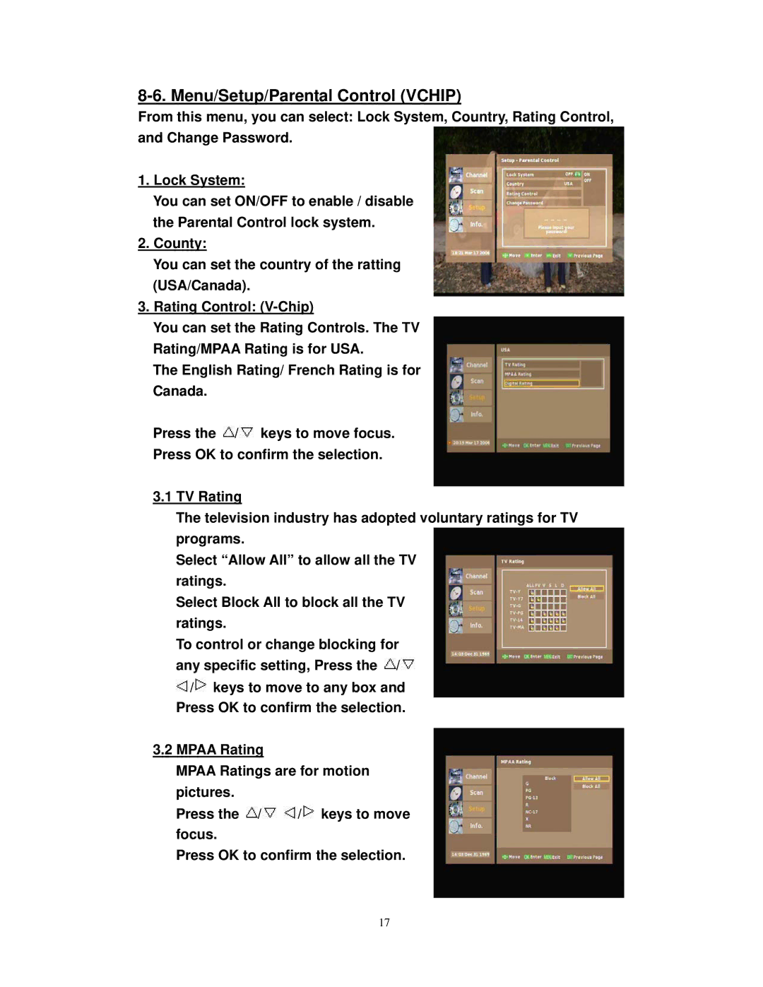 Airlink101 ATVC101 user manual Menu/Setup/Parental Control Vchip 