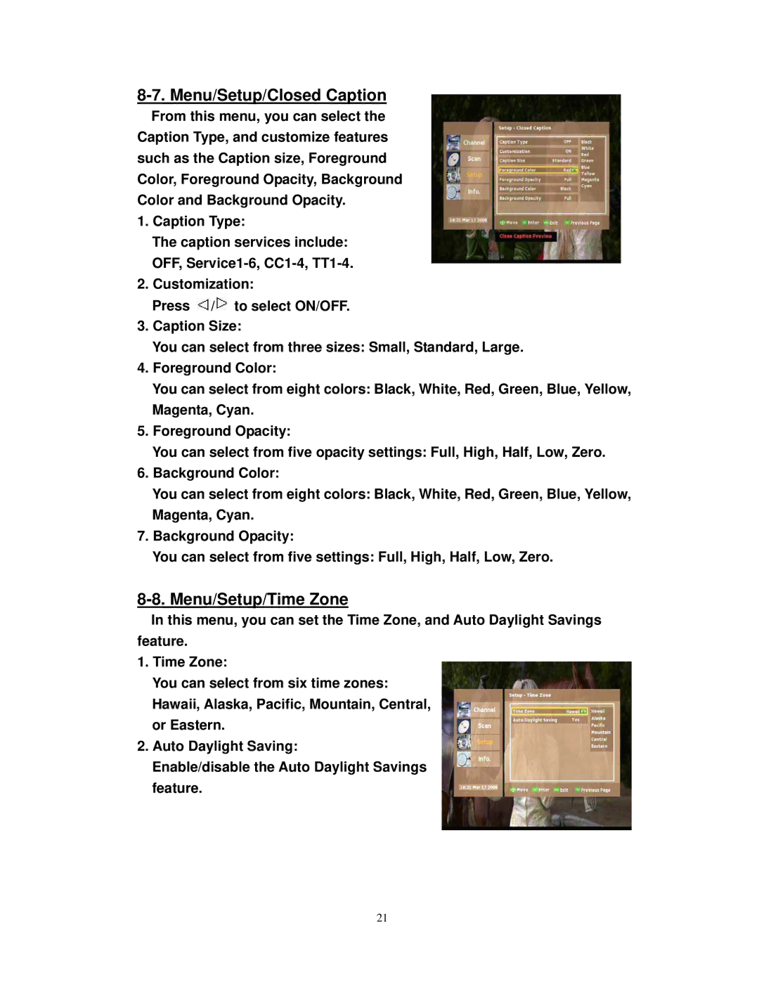 Airlink101 ATVC101 user manual Menu/Setup/Closed Caption, Menu/Setup/Time Zone 