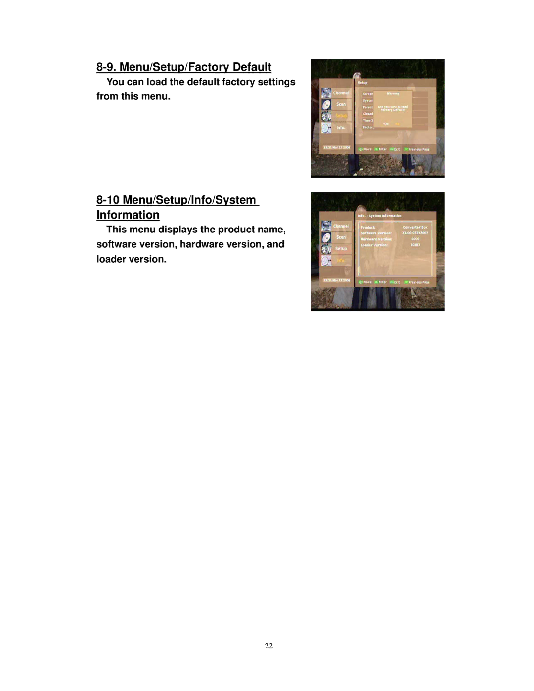 Airlink101 ATVC101 user manual Menu/Setup/Factory Default, Menu/Setup/Info/System Information 