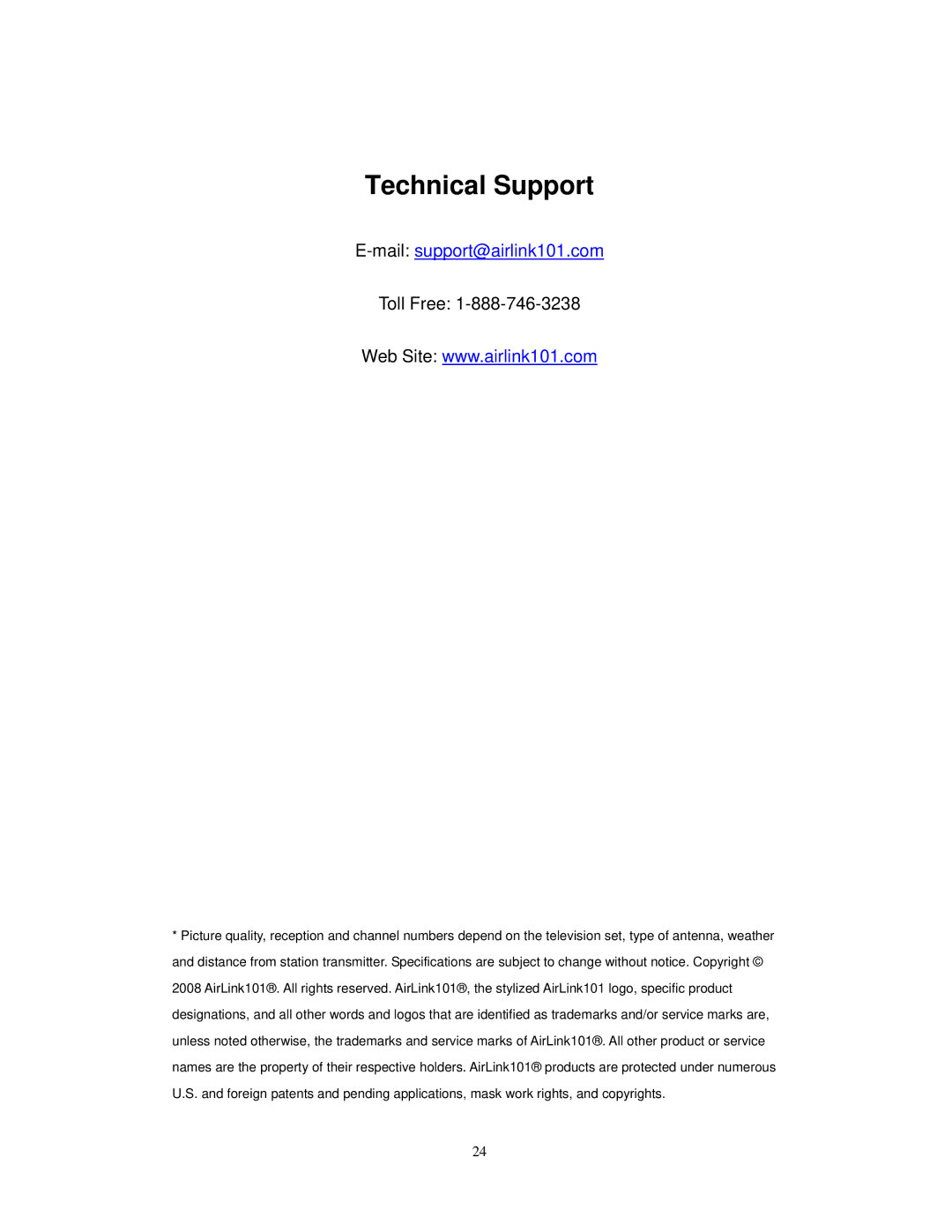 Airlink101 ATVC101 user manual Technical Support, Mailsupport@airlink101.com 