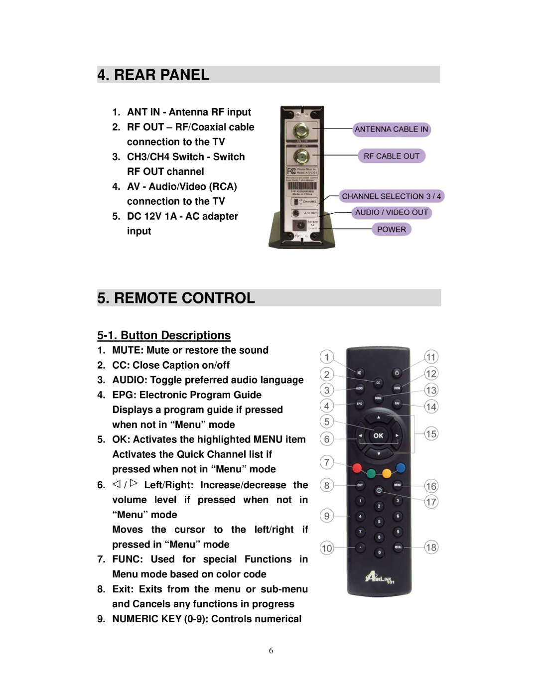 Airlink101 ATVC101 user manual Rear Panel, Button Descriptions 