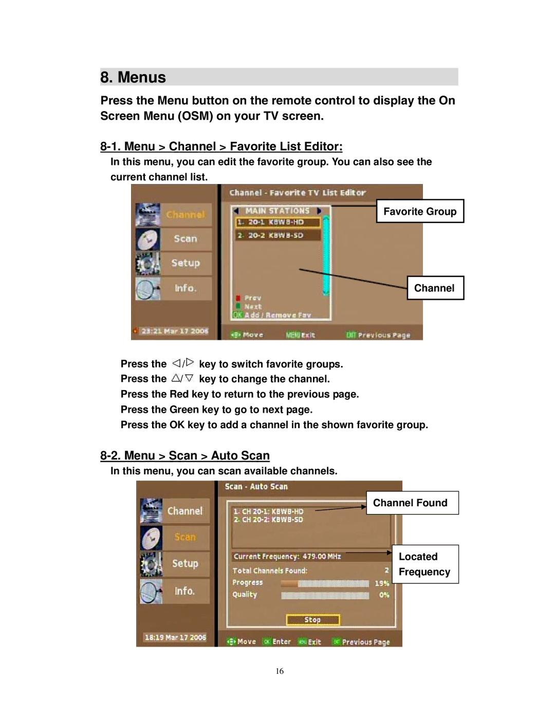 Airlink101 ATVC102 user manual Menus, Menu Scan Auto Scan 