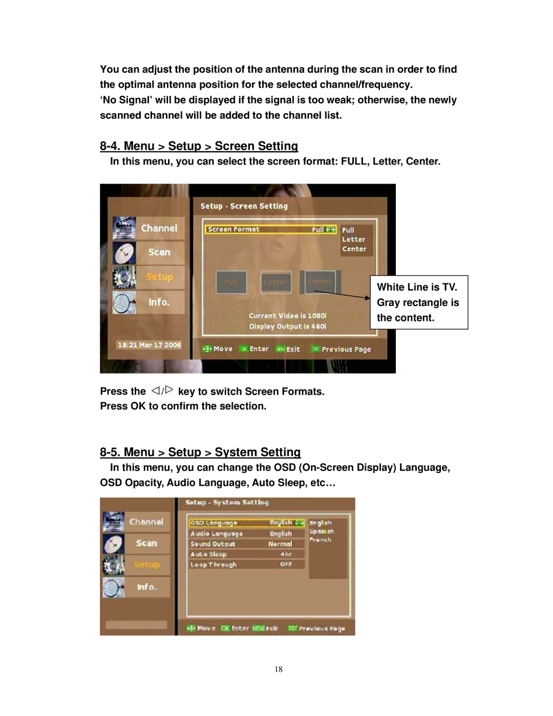 Airlink101 ATVC102 user manual Menu Setup Screen Setting, Menu Setup System Setting 