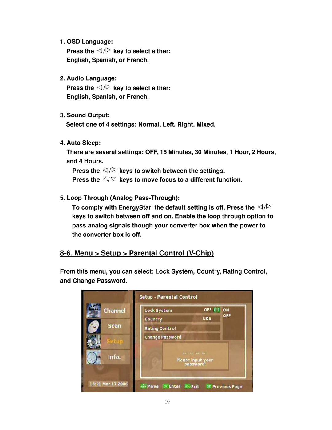 Airlink101 ATVC102 user manual Menu Setup Parental Control V-Chip 