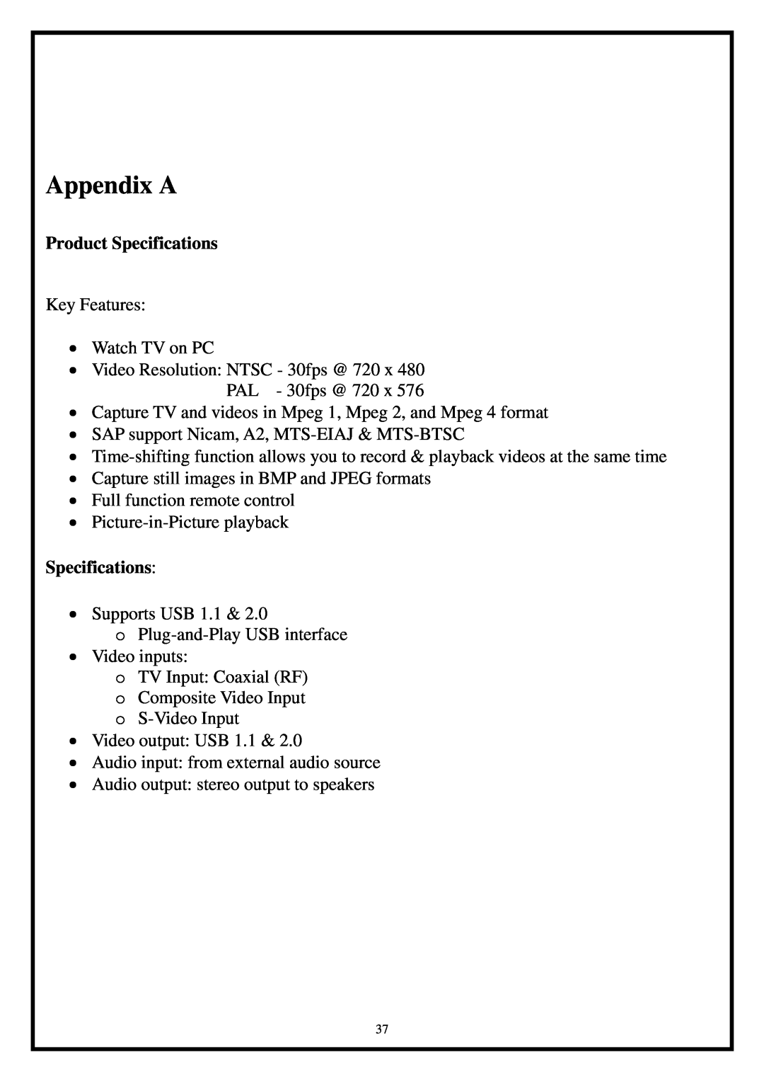 Airlink101 ATVUSB05 manual Appendix A, Product Specifications 