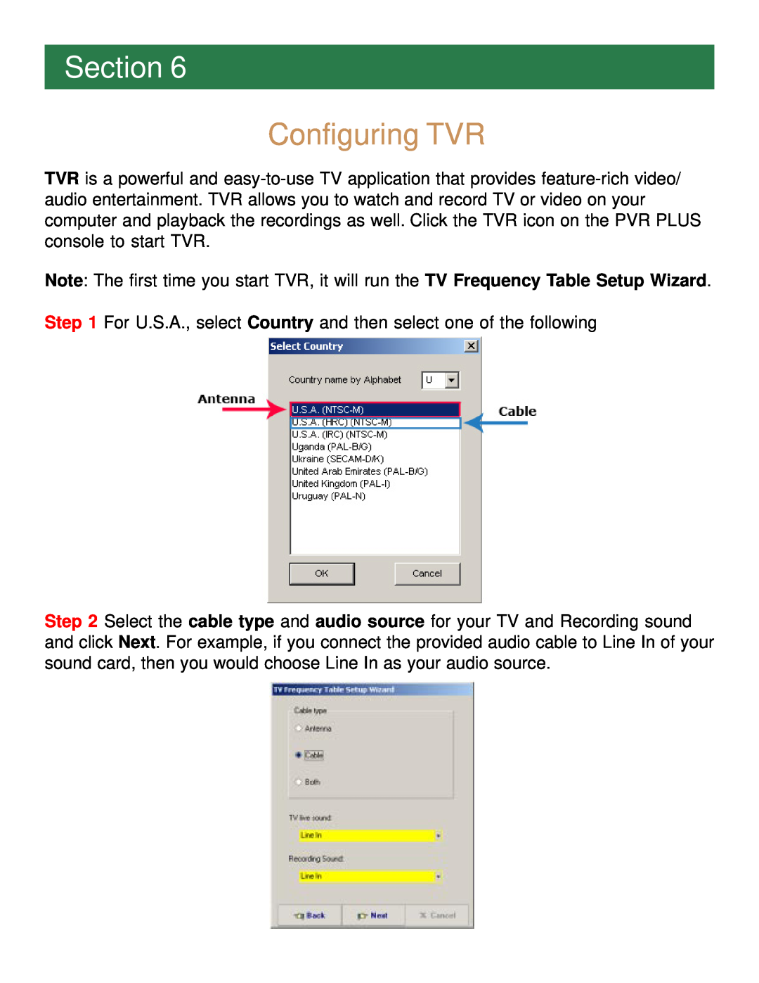 Airlink101 ATVUSB05 manual Configuring TVR, Section 
