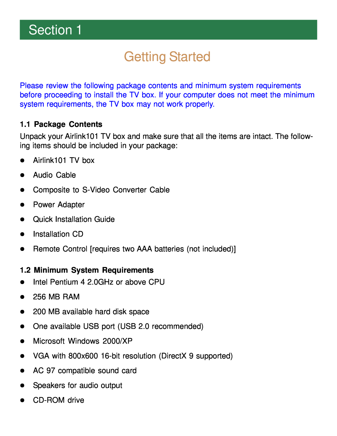 Airlink101 ATVUSB05 manual Section, Getting Started, Package Contents, Minimum System Requirements 