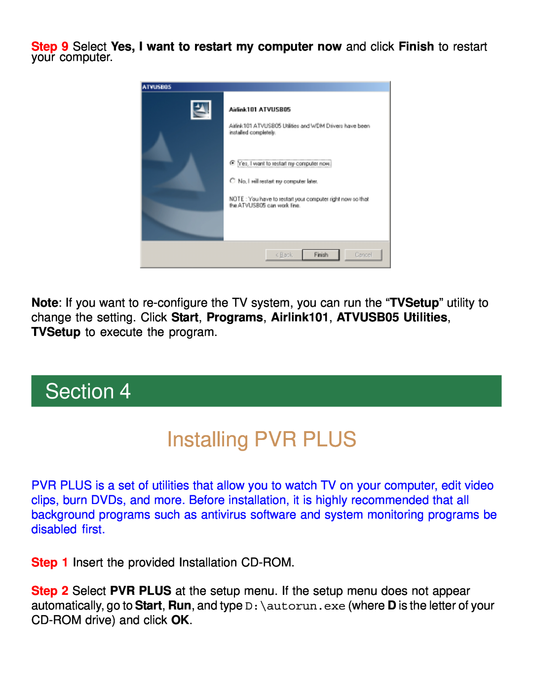 Airlink101 ATVUSB05 manual Installing PVR PLUS, Section 