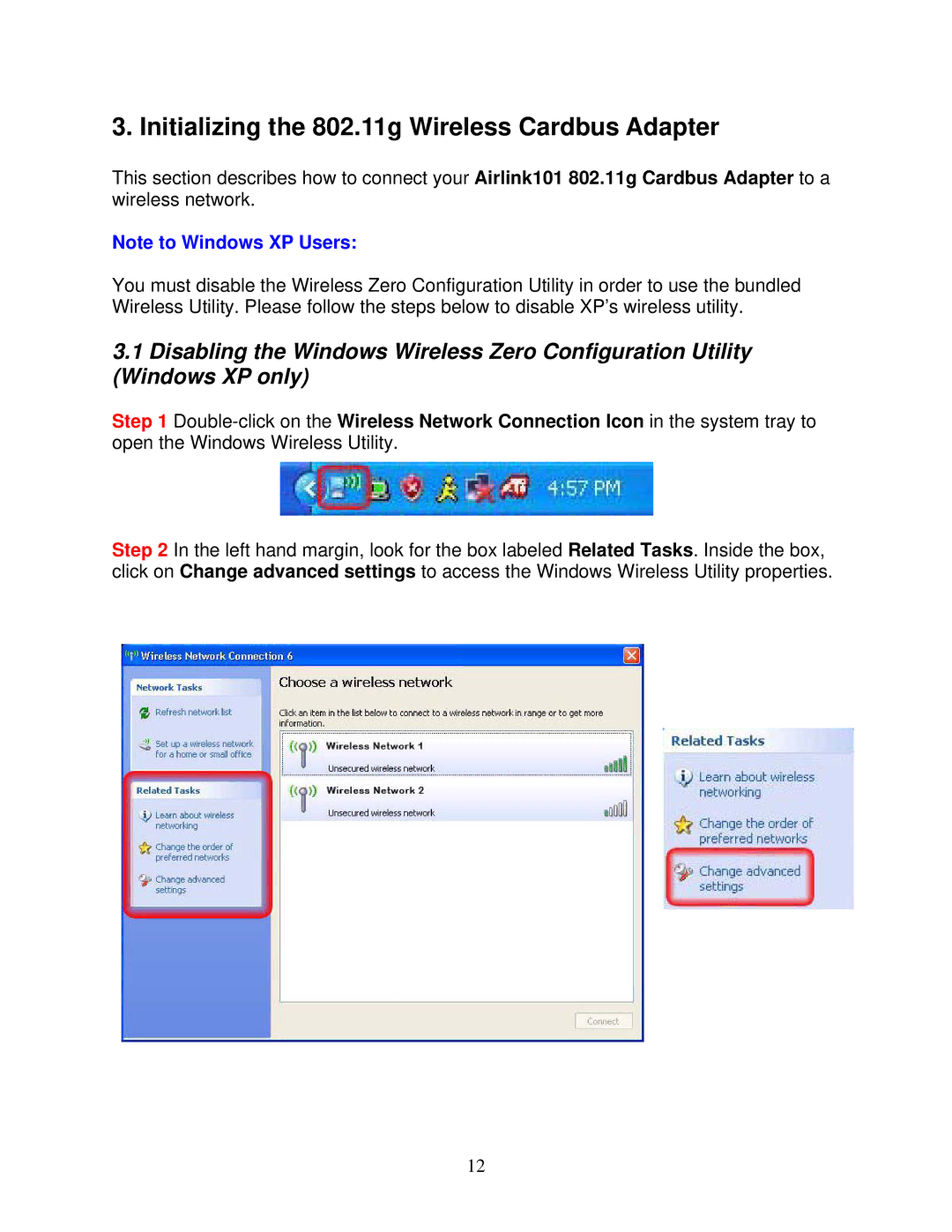 Airlink101 AWLC3026 user manual Initializing the 802.11g Wireless Cardbus Adapter 