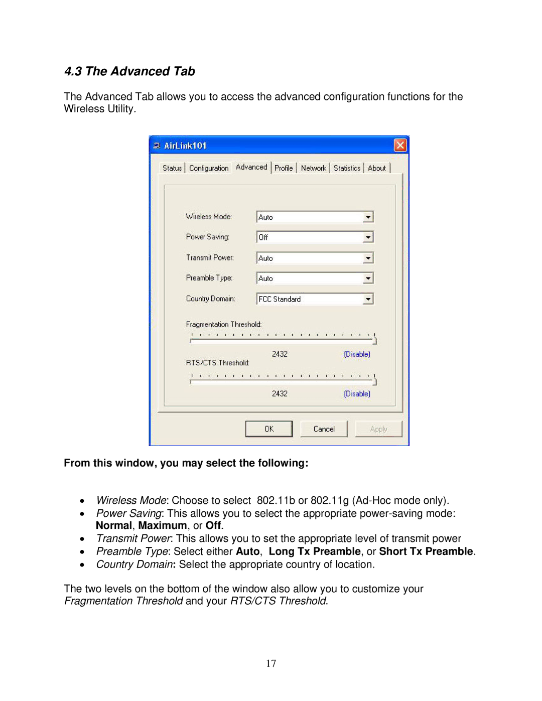 Airlink101 AWLC3026 user manual Advanced Tab, From this window, you may select the following 