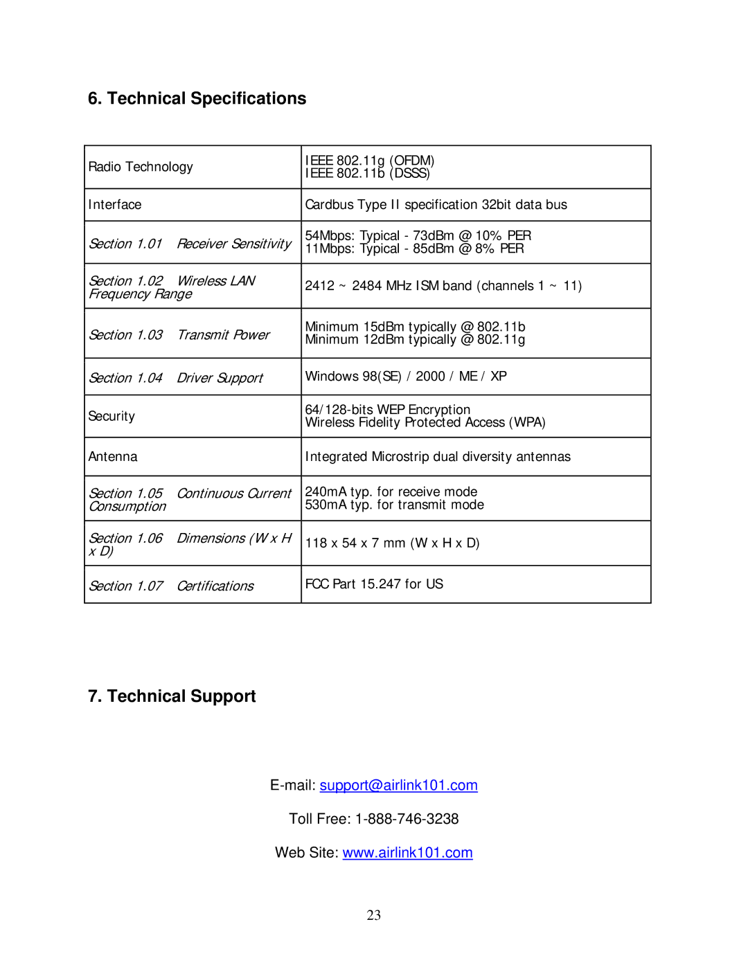 Airlink101 AWLC3026 user manual Technical Specifications 