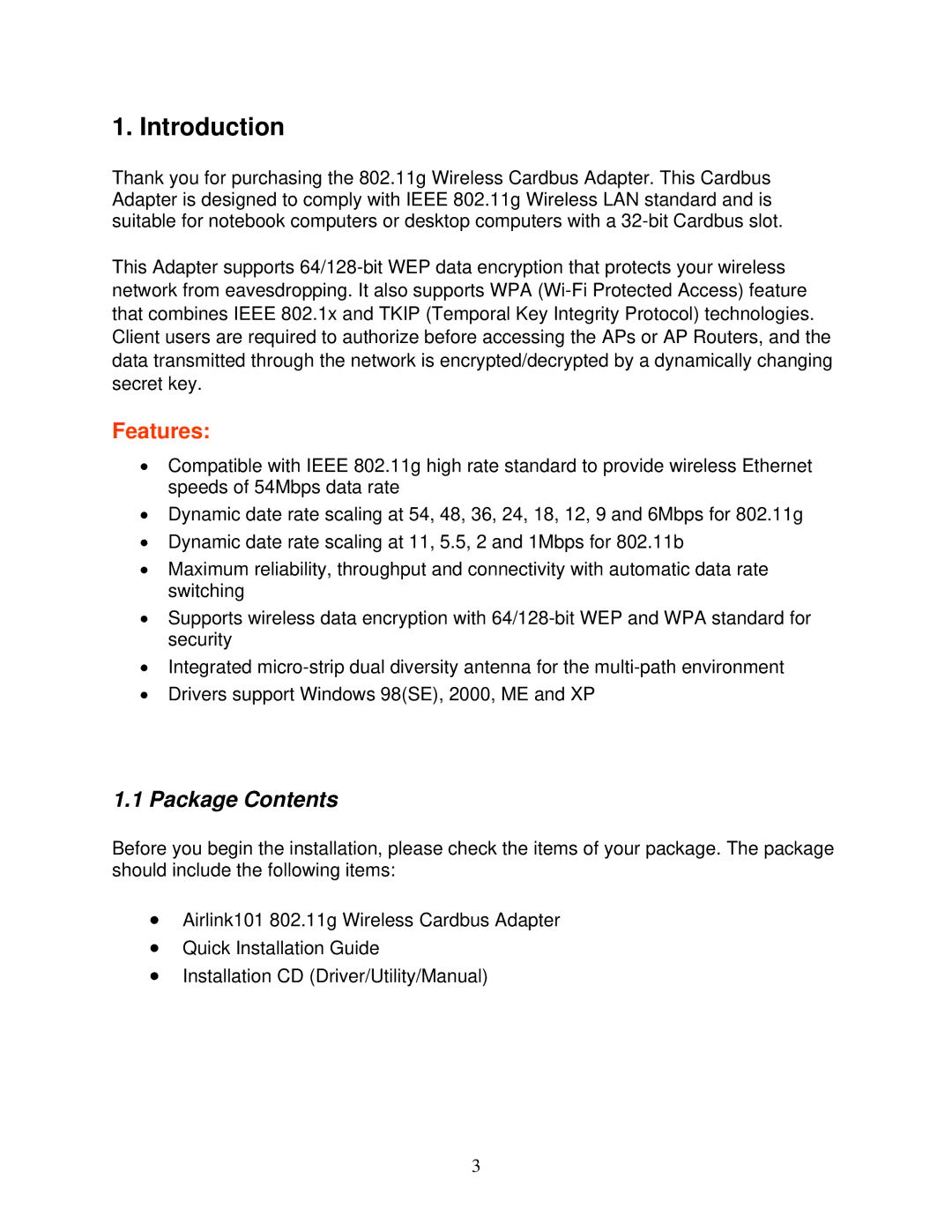 Airlink101 AWLC3026 user manual Introduction, Package Contents 