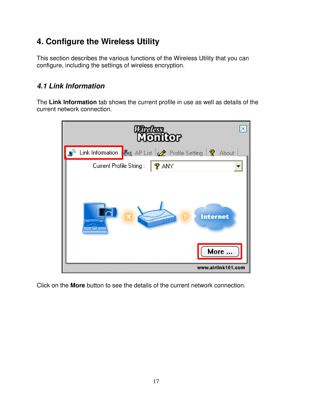 Airlink101 AWLC3026T user manual Configure the Wireless Utility, Link Information 