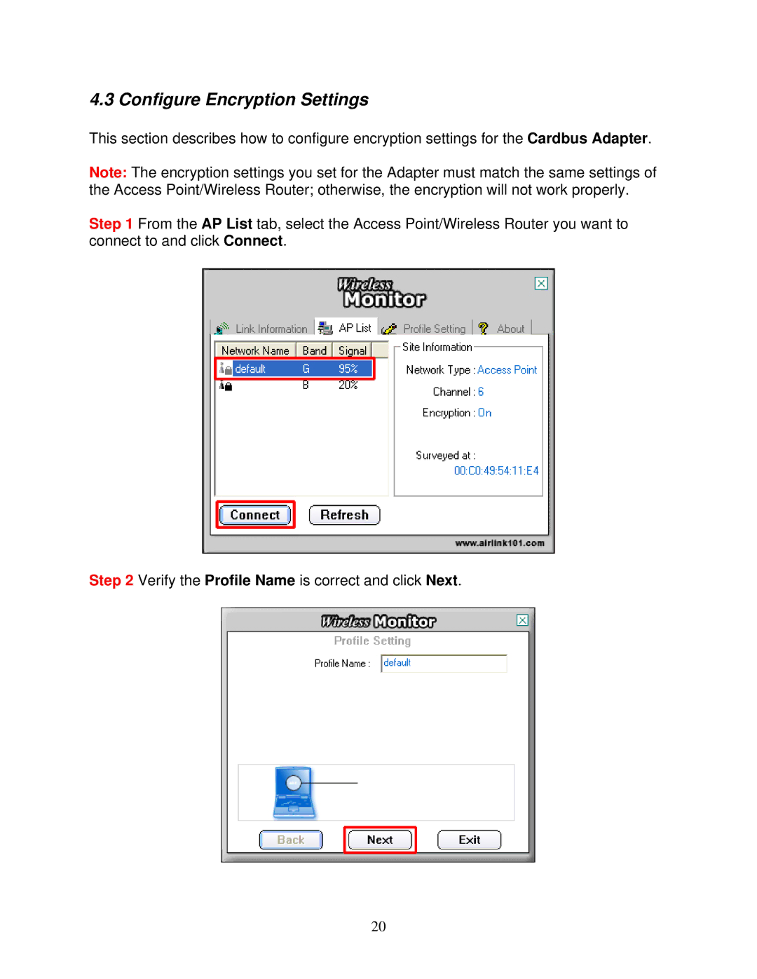 Airlink101 AWLC3026T user manual Configure Encryption Settings 