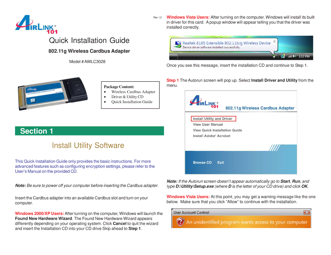 Airlink101 AWLC3028 user manual Quick Installation Guide, Install Utility Software 