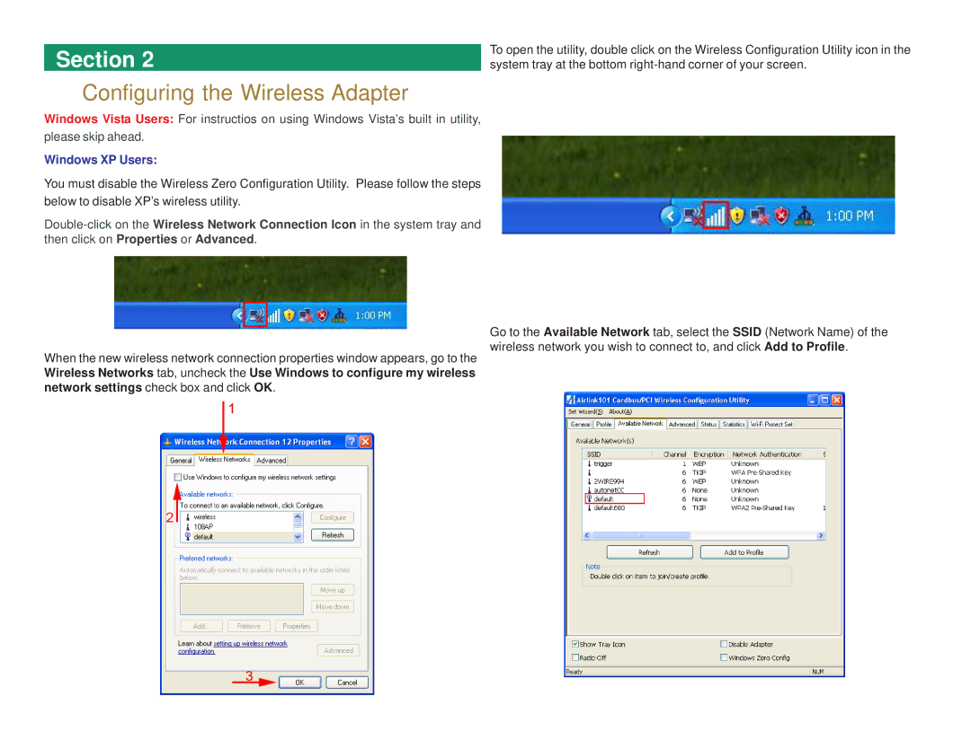 Airlink101 AWLC3028 user manual Configuring the Wireless Adapter, Windows XP Users 