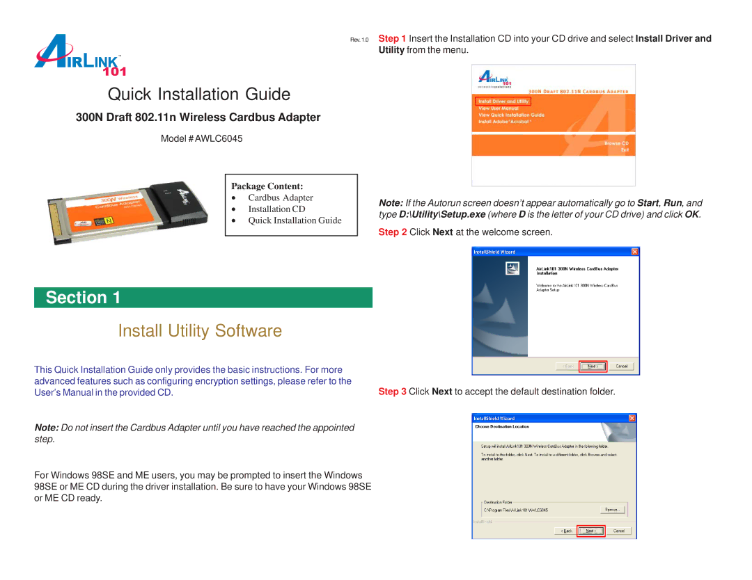 Airlink101 AWLC6045 user manual Quick Installation Guide, Install Utility Software 