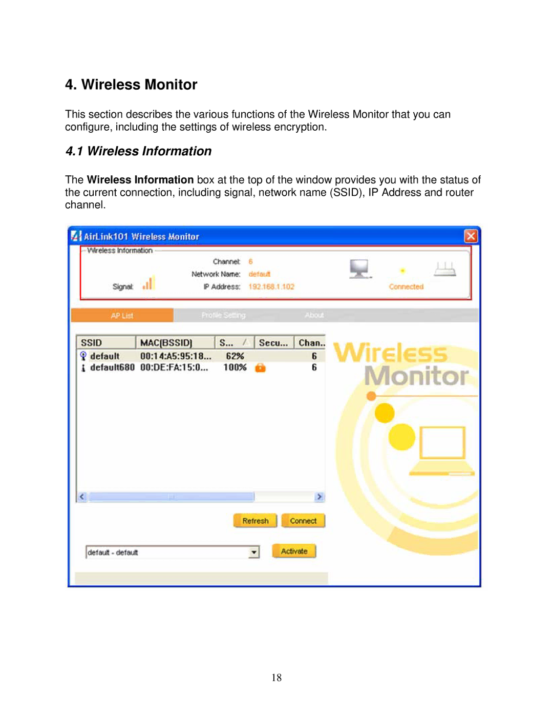 Airlink101 AWLC6070 user manual Wireless Monitor, Wireless Information 