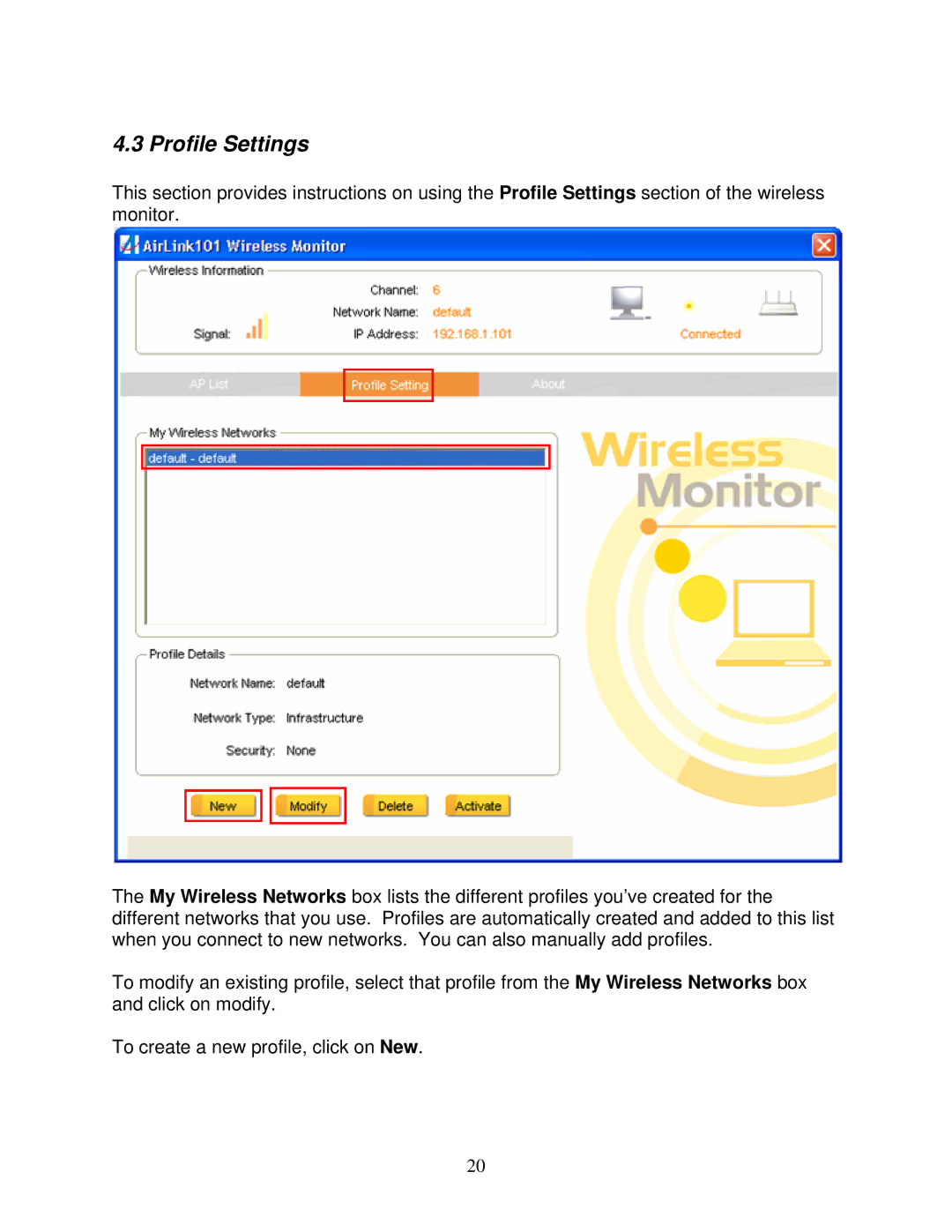 Airlink101 AWLC6070 user manual Profile Settings 