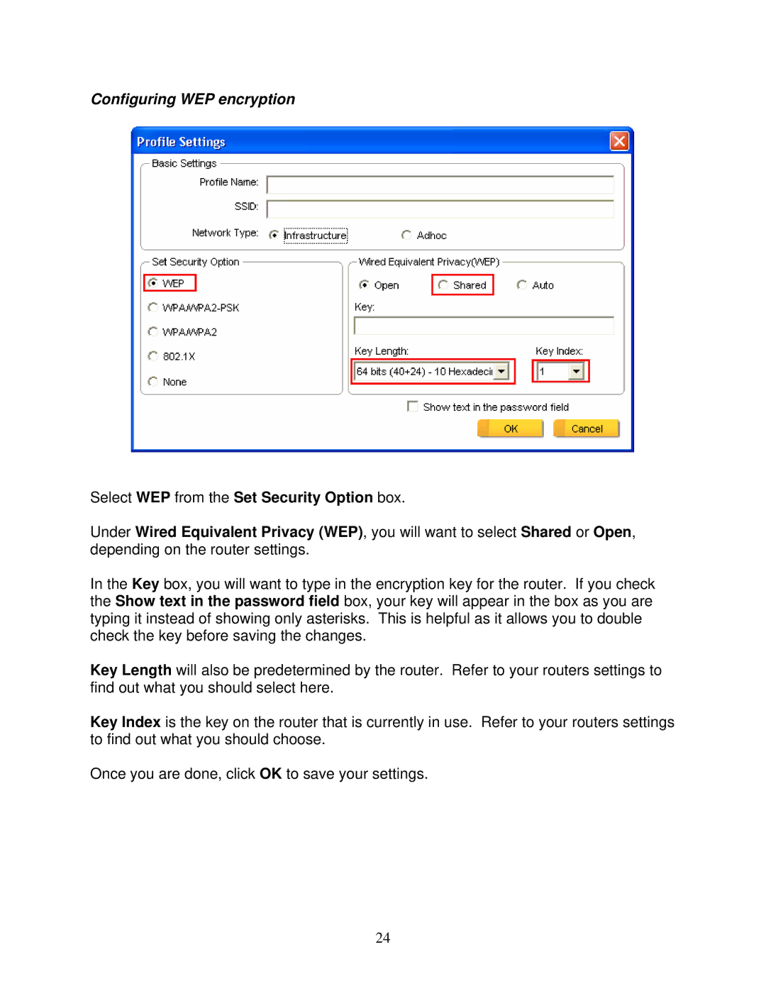 Airlink101 AWLC6070 user manual Configuring WEP encryption, Select WEP from the Set Security Option box 