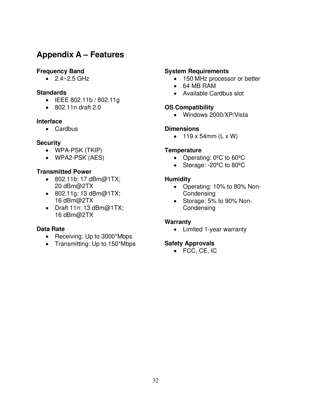 Airlink101 AWLC6070 user manual Appendix a Features 