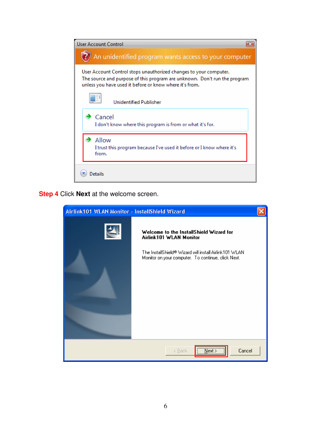 Airlink101 AWLC6070 user manual Click Next at the welcome screen 