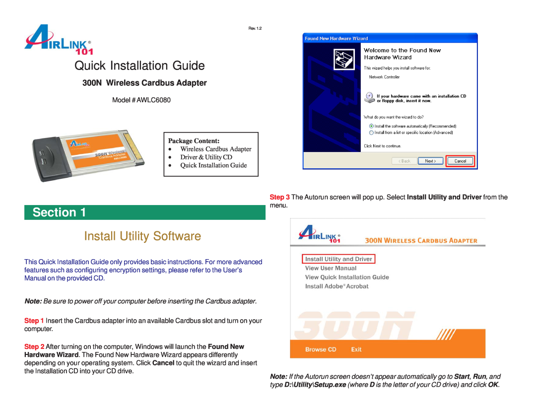 Airlink101 AWLC6080 user manual Section, Install Utility Software, Quick Installation Guide, 300N Wireless Cardbus Adapter 