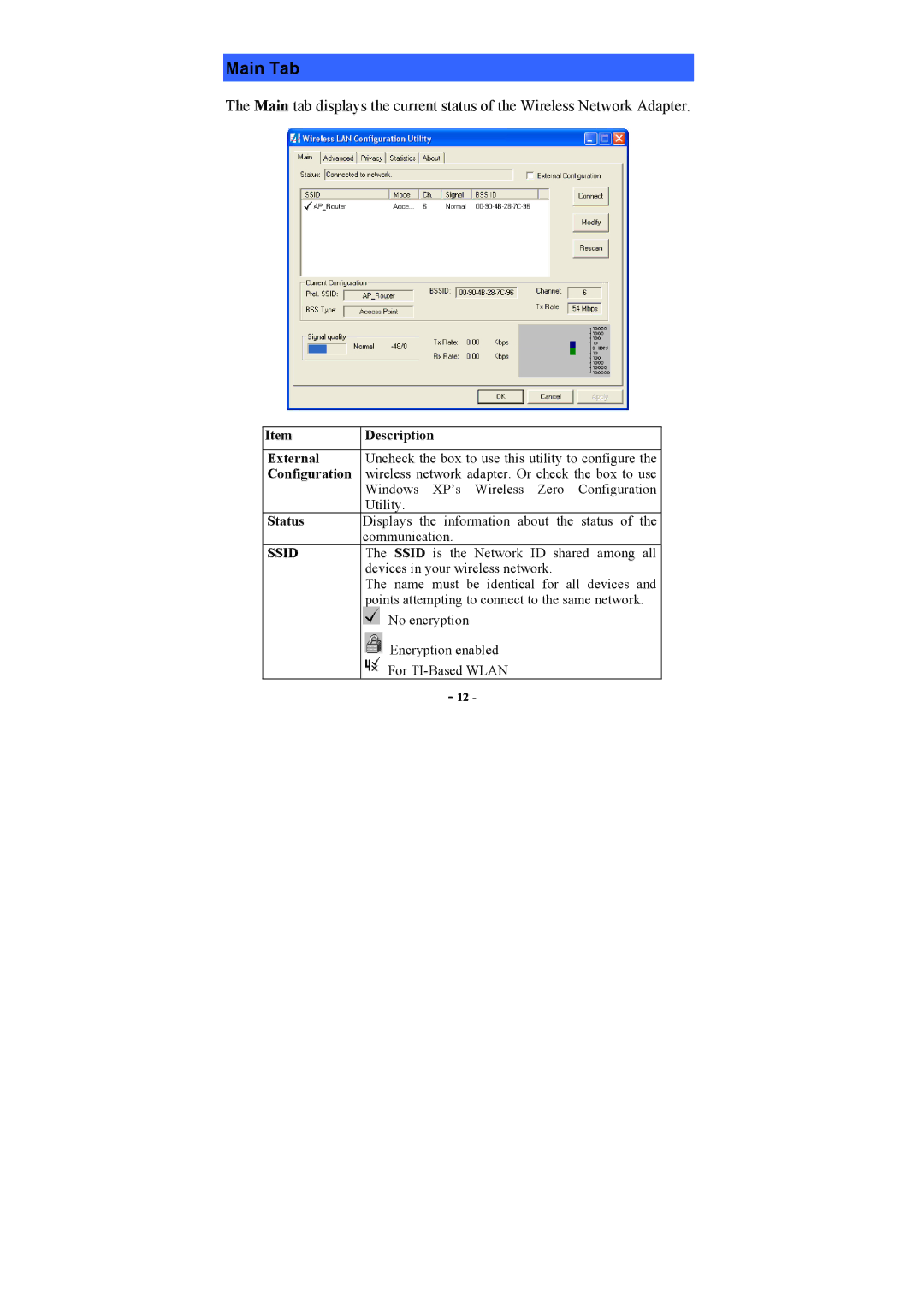 Airlink101 AWLH3025 user manual Main Tab, Description, External, Configuration, Status 