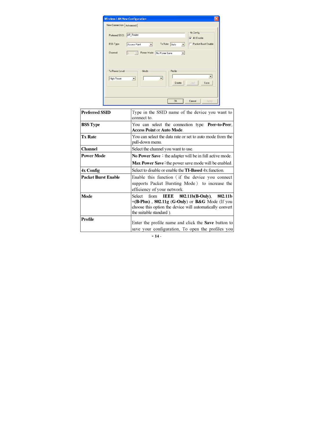 Airlink101 AWLH3025 Preferred Ssid, Access Point or Auto Mode, Power Mode, 4x Config, Packet Burst Enable, Profile 