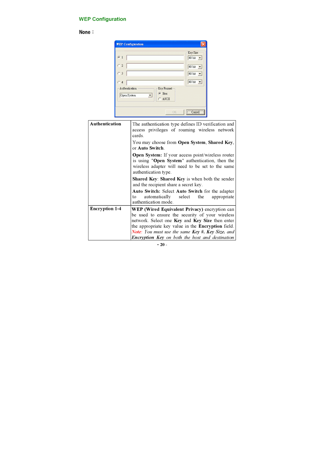 Airlink101 AWLH3025 user manual None：, Authentication, Or Auto Switch, Auto Switch Select Auto Switch for the adapter 