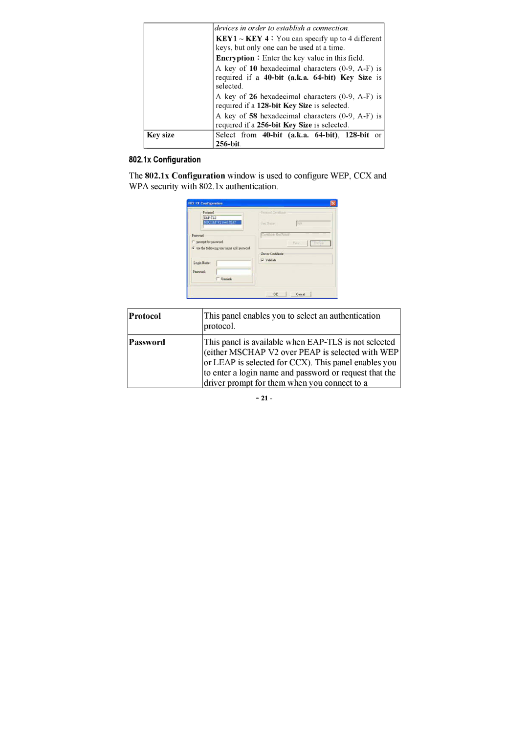 Airlink101 AWLH3025 user manual 802.1x Configuration, Required if a 40-bit a.k.a -bit Key Size is 