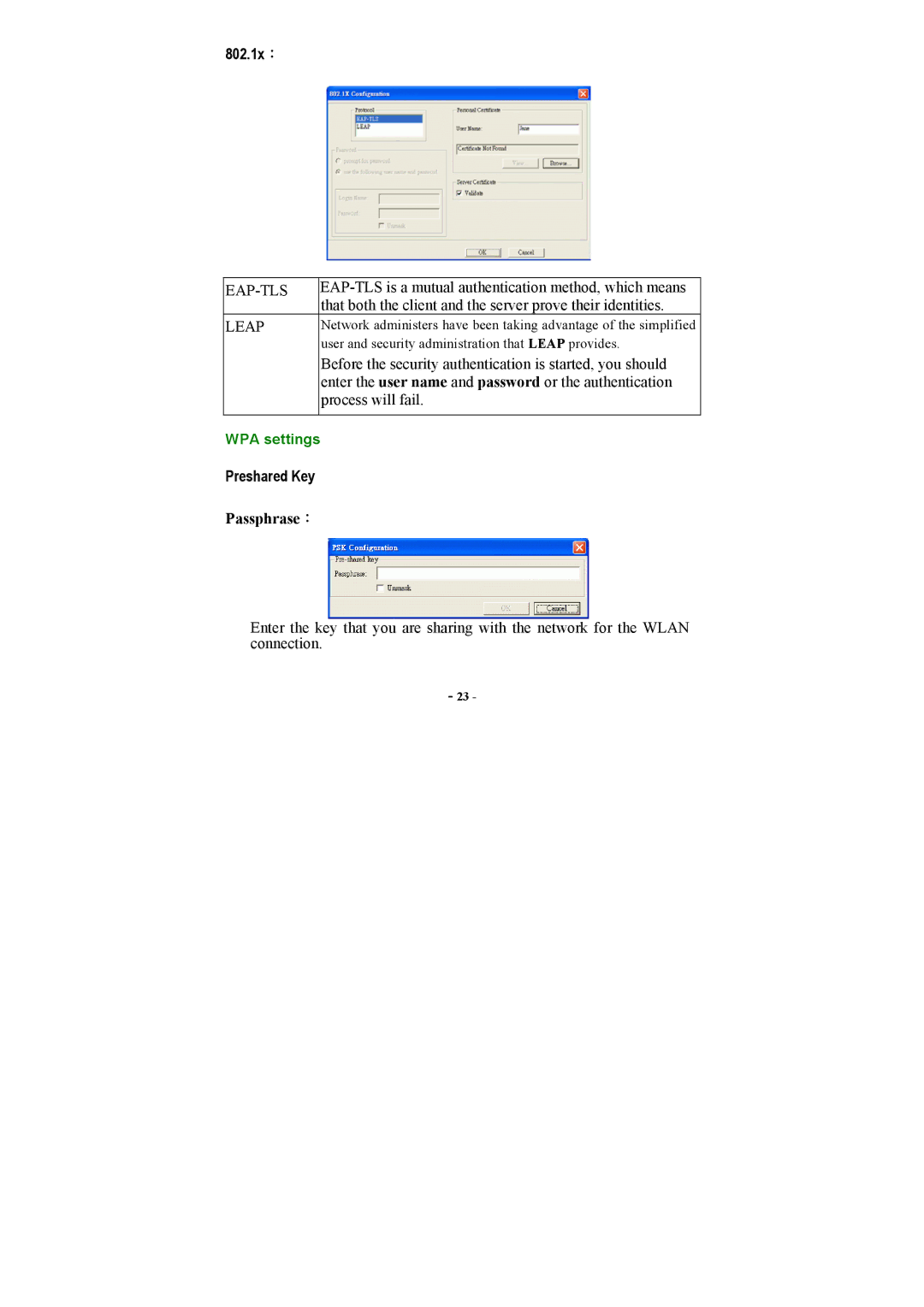 Airlink101 AWLH3025 user manual 802.1x：, Preshared Key 