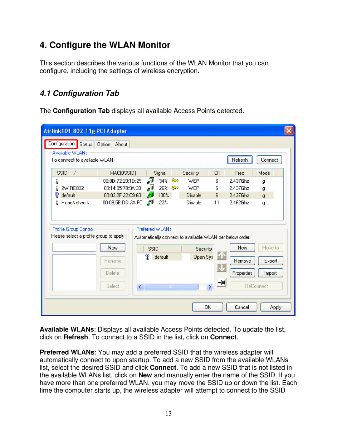 Airlink101 AWLH3026T user manual Configure the Wlan Monitor, Configuration Tab 