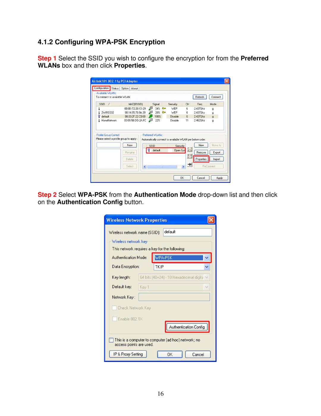 Airlink101 AWLH3026T user manual Configuring WPA-PSK Encryption 