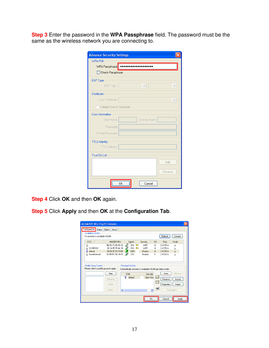 Airlink101 AWLH3026T user manual Click Apply and then OK at the Configuration Tab 