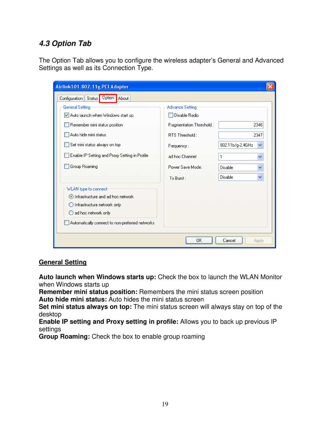 Airlink101 AWLH3026T user manual Option Tab, General Setting 