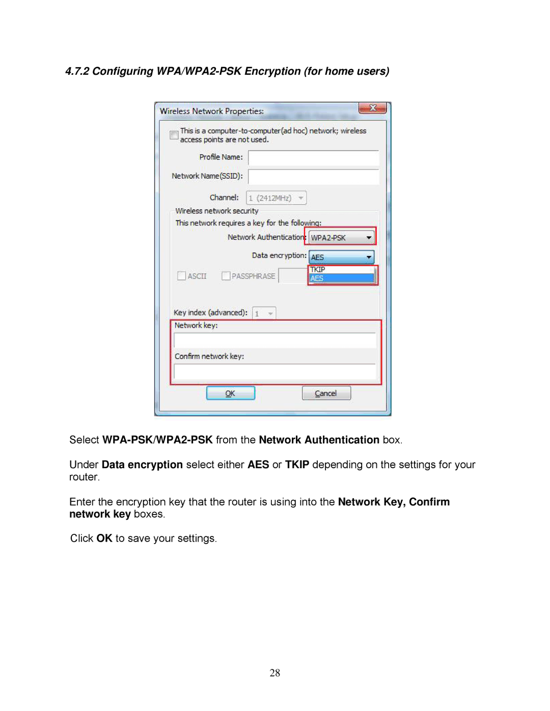 Airlink101 AWLH3028V2 user manual Configuring WPA/WPA2-PSK Encryption for home users 