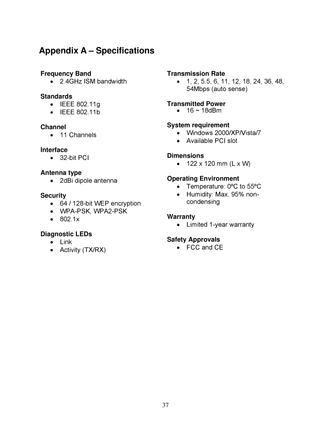 Airlink101 AWLH3028V2 user manual Appendix a Specifications 