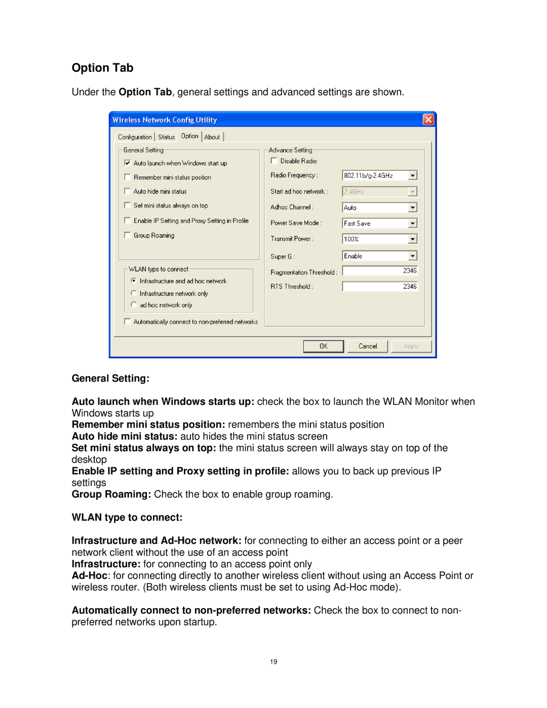 Airlink101 AWLH4030 user manual Option Tab, General Setting, Wlan type to connect 