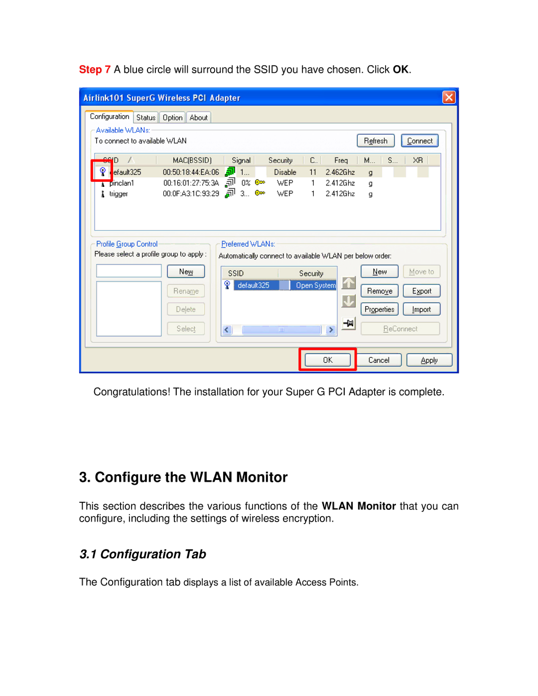 Airlink101 AWLH4130 user manual Configure the Wlan Monitor, Configuration Tab 