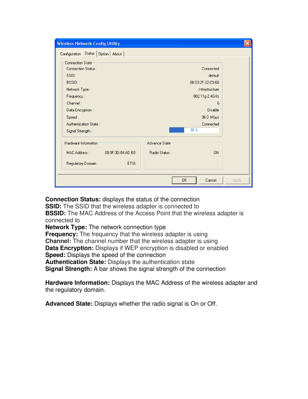 Airlink101 AWLH4130 user manual Authentication State Displays the authentication state 