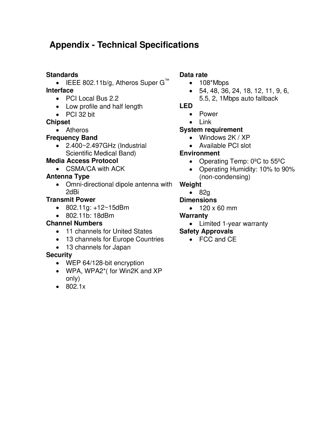 Airlink101 AWLH4130 user manual Appendix Technical Specifications, Led 