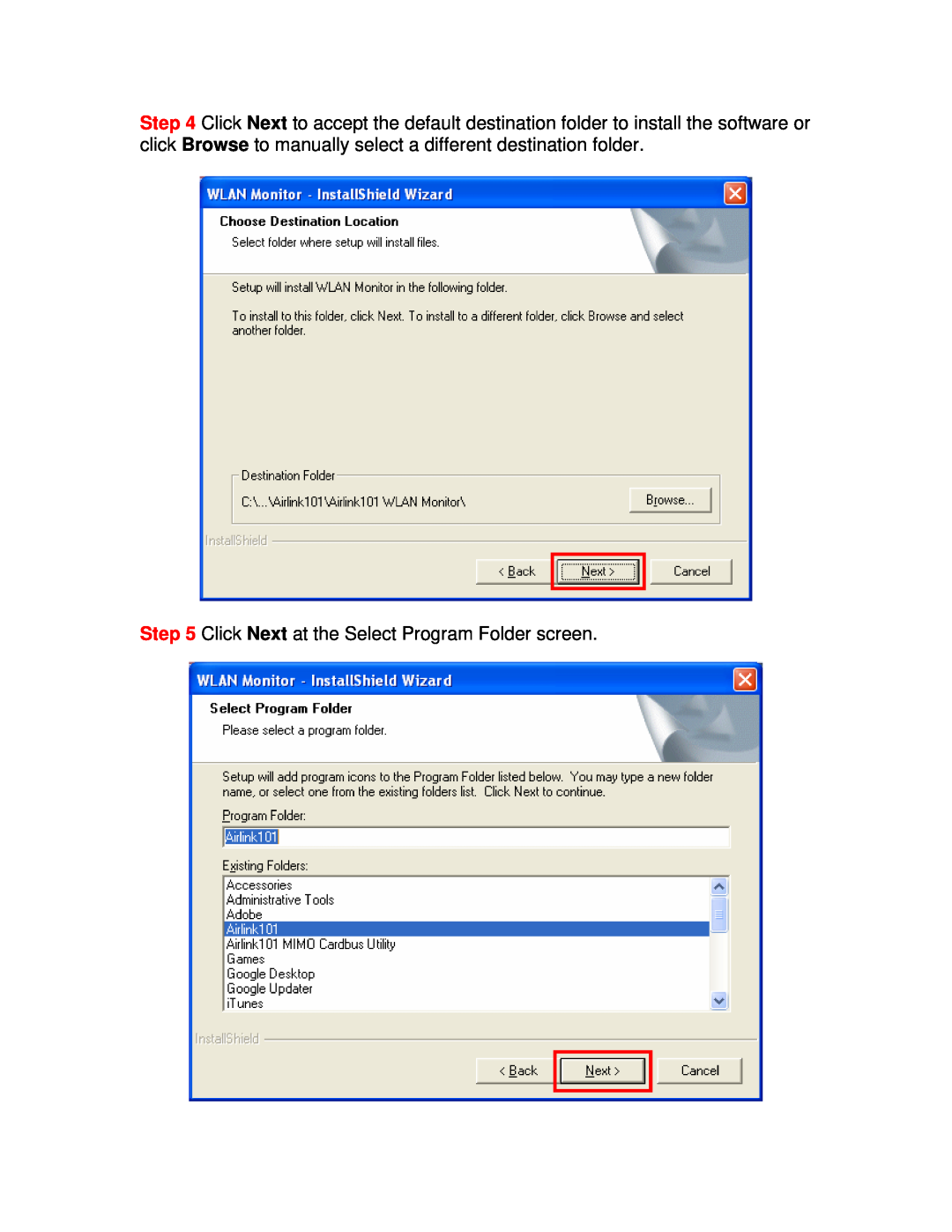 Airlink101 AWLH4130 user manual Click Next at the Select Program Folder screen 
