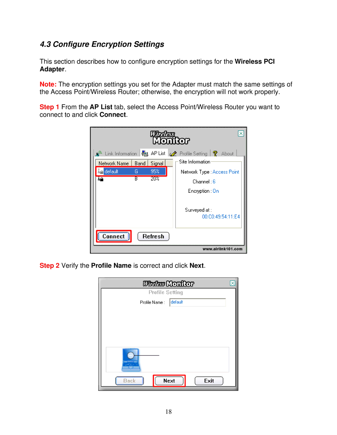 Airlink101 AWLH5025 user manual Configure Encryption Settings 