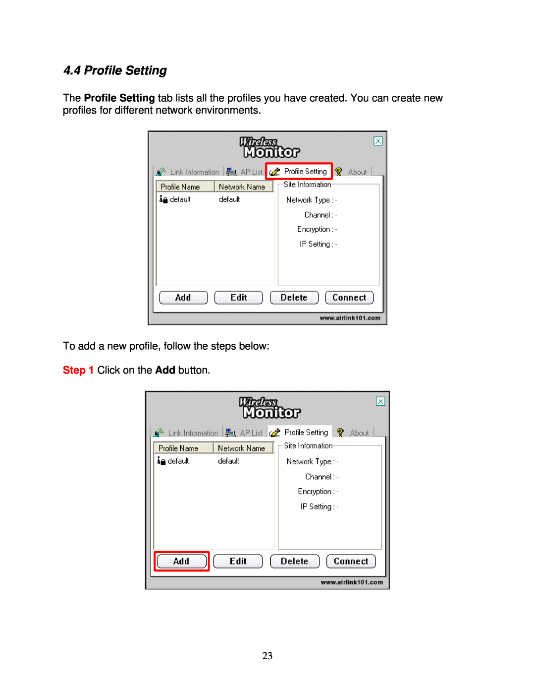 Airlink101 AWLH5025 user manual Profile Setting, To add a new profile, follow the steps below, Click on the Add button 