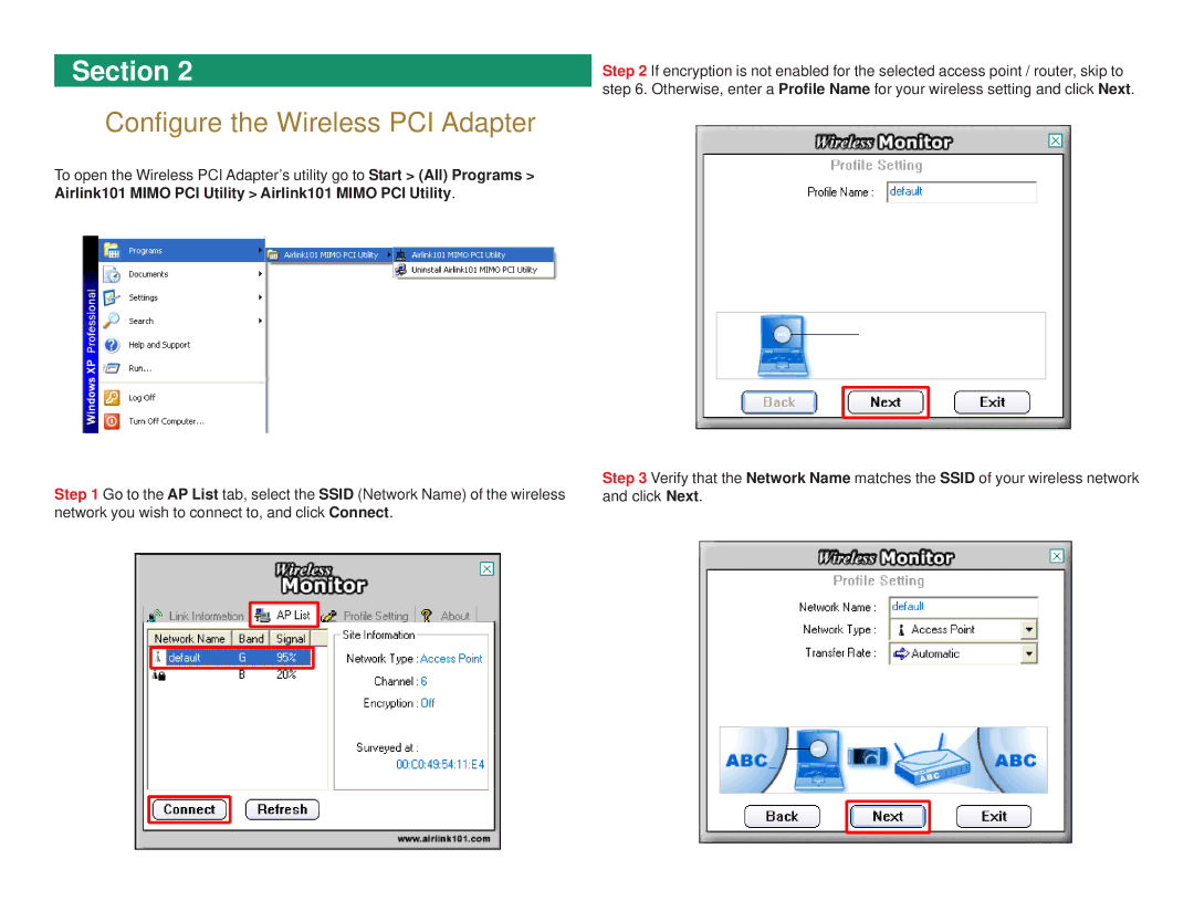 Airlink101 AWLH5026 user manual Configure the Wireless PCI Adapter 