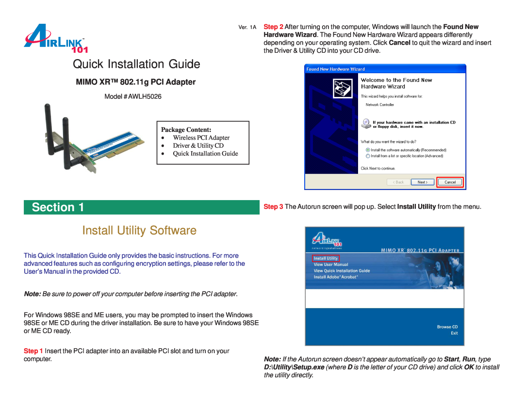 Airlink101 AWLH5026 user manual Section, Install Utility Software, Package Content, Quick Installation Guide 