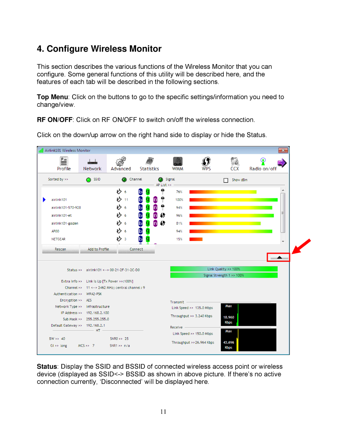 Airlink101 AWLH5075 user manual Configure Wireless Monitor 